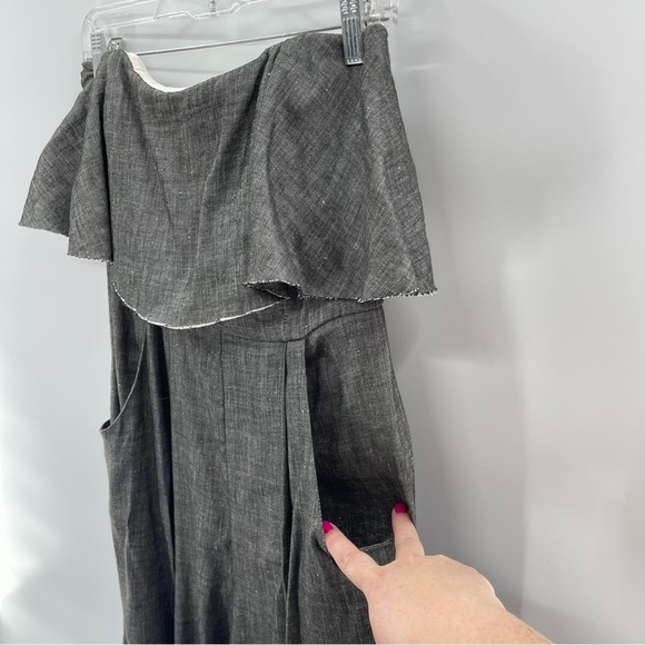 MILLY Black Denim Chambray Ruffle Popover Strapless Open Leg Pant Jumpsuit 6 - Picture 11 of 13